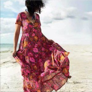 Babydoll Boho Floral Gypsy Print Maxi Dress Pink